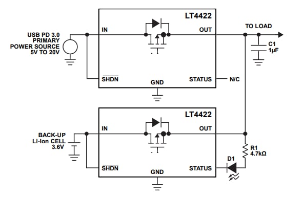 Schéma du circuit d'application - Analog Devices Inc. Diode idéale LT4422